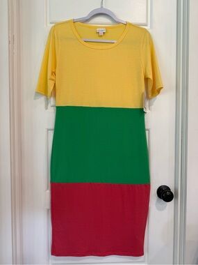 LuLaRoe Julia Dress Size S NWT Colorblock Yellow Green Red Midi Bodycon